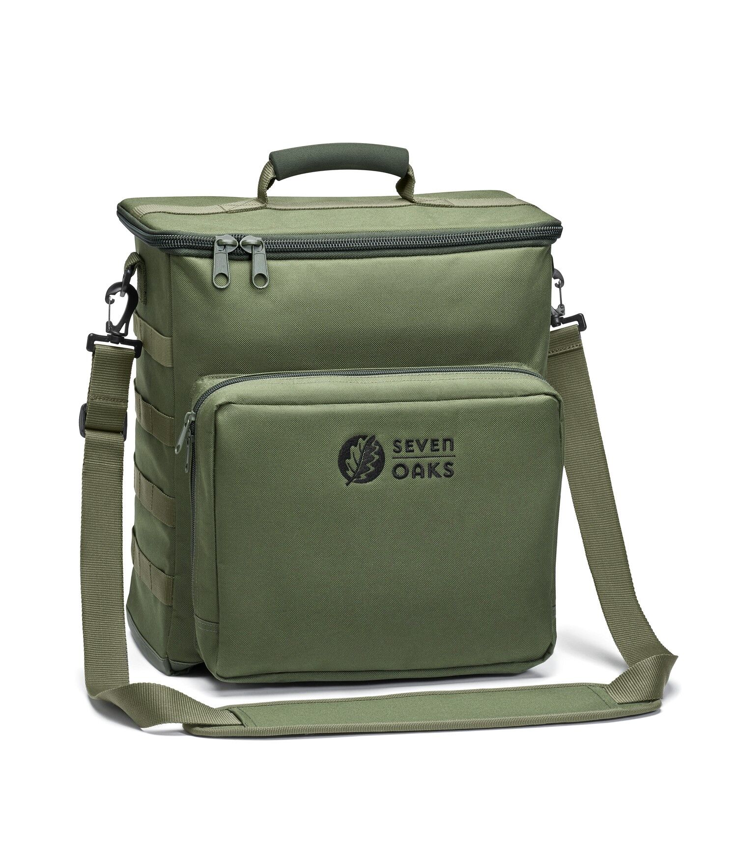 Kühltasche in Olivgrün mit Tragegurt, Fronttasche und Seven Oaks Logo