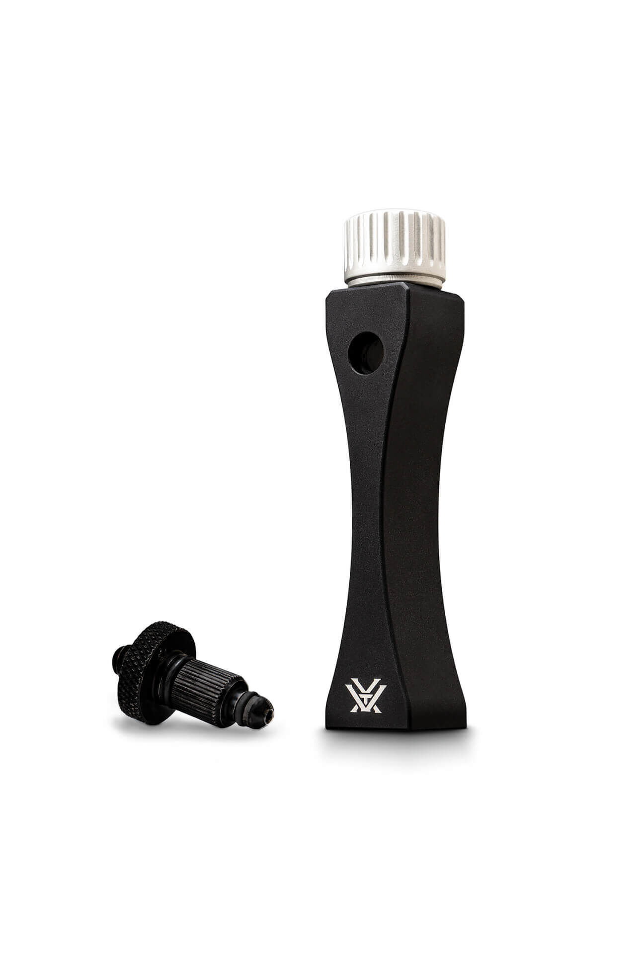 Ein schwarzer Fahrradventiladapter kompatibel mit Schrader- und Presta-Ventilen, mit ergonomischem Griff