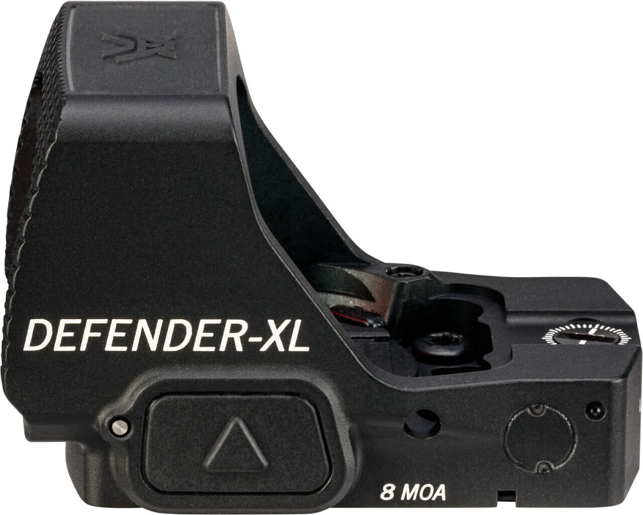 Seitenansicht des Defender-XL Reflexvisiers mit 8 MOA Punkt, geeignet für präzises Zielen.