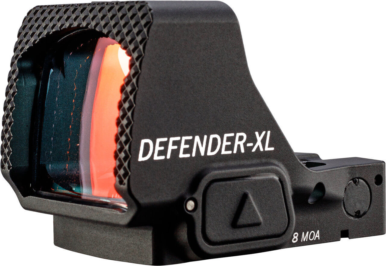 Nahaufnahme des Defender-XL Rotpunktvisiers mit 8 MOA Sichtfeld und robustem Design