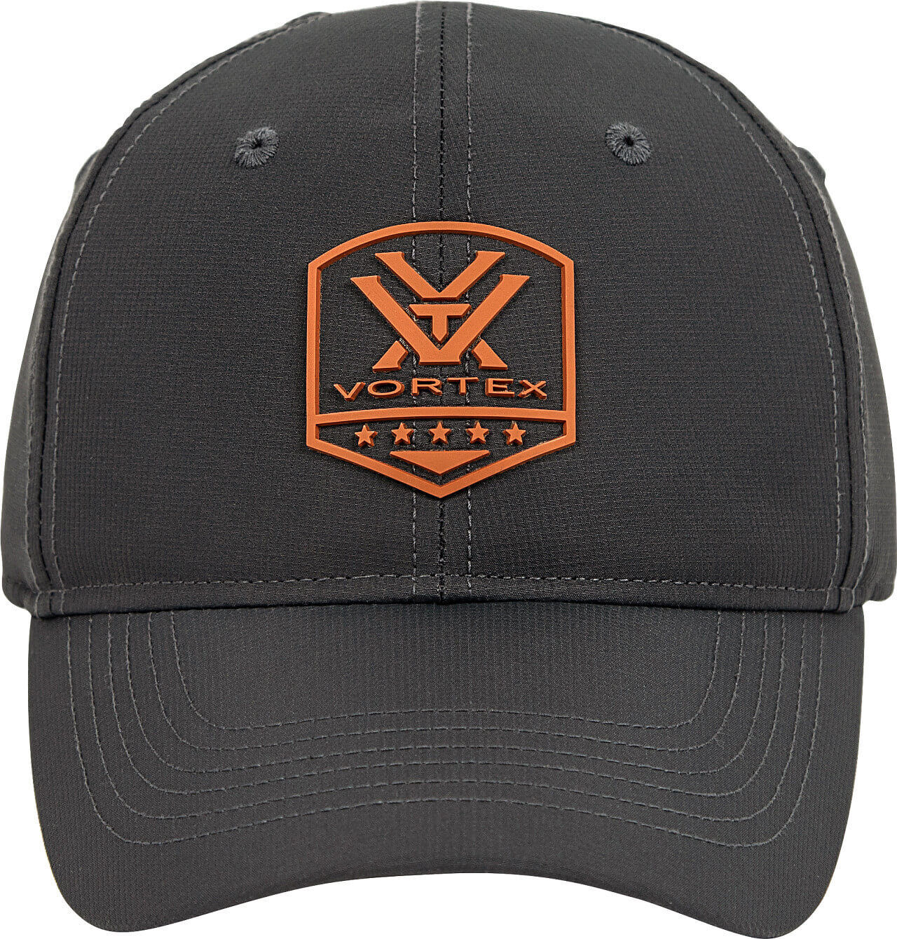 Nahaufnahme einer schwarzen Baseballkappe mit orangefarbenem Vortex-Logo auf der Vorderseite
