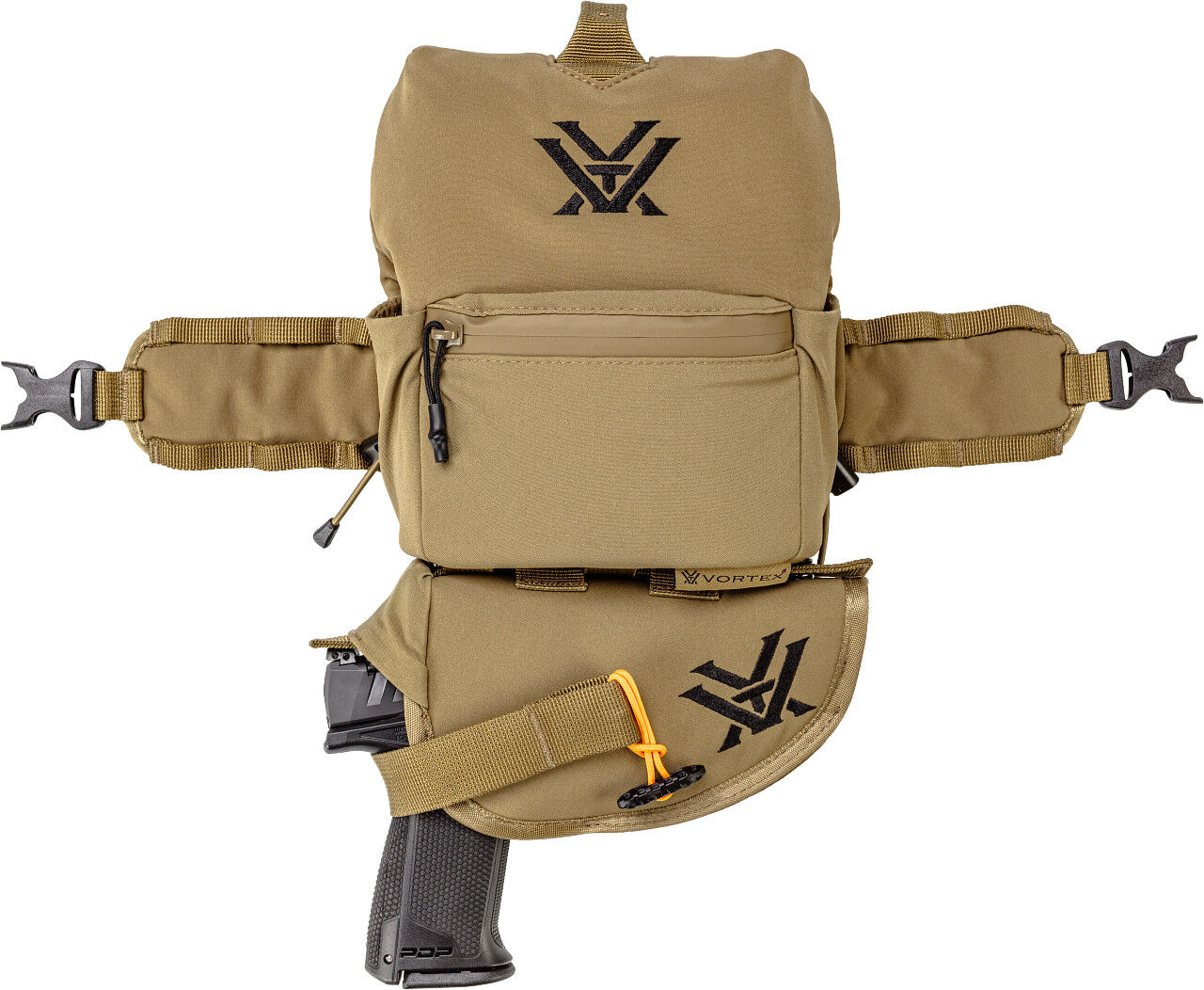 Olivgrüne taktische Umhängetasche mit Holster und Reißverschlusstasche, geeignet für Outdoor-Aktivitäten.