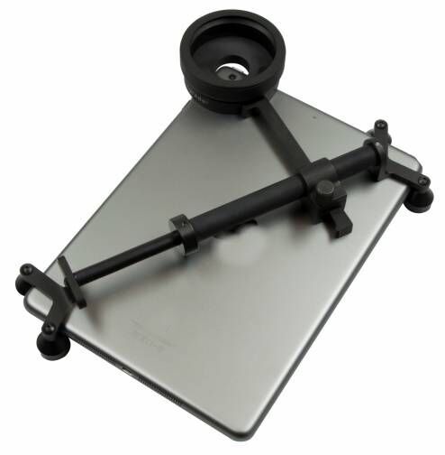 Schwarze präzise justierbare Halterung für Tablets zur flexiblen Montage auf Oberflächen.