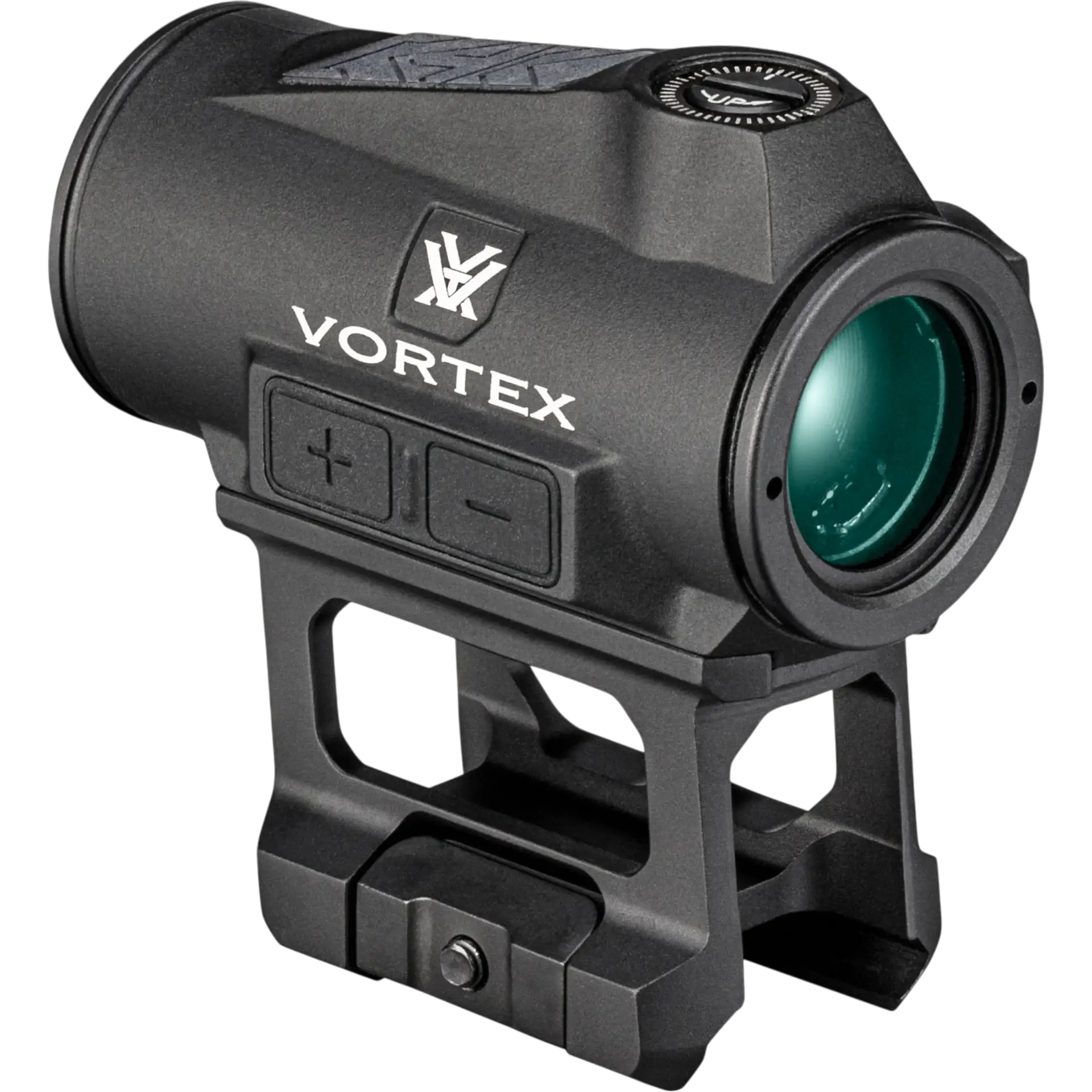 Seitenansicht eines montierten Vortex Rotpunktvisiers mit leuchtstarker Linse, Plus- und Minus-Tasten zur Helligkeitsregelung und stabiler Schnellmontage für Waffen