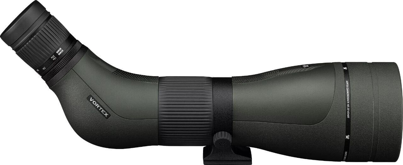 Seitliche Ansicht eines Vortex Spektivs mit einem robusten, ergonomischen Design, geeignet für Vogelbeobachtung und andere Outdoor-Aktivitäten