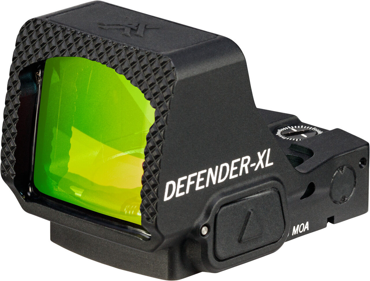 Seitenansicht des Defender-XL Rotpunktvisiers mit grünlich schimmernder Linse und robustem Gehäuse