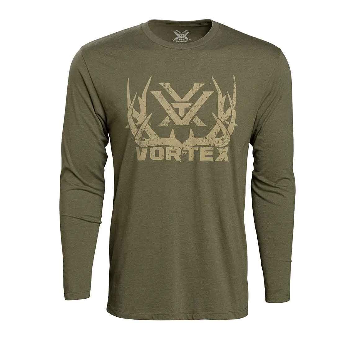 Olivgrünes Langarmshirt mit Vortex-Logo auf der Vorderseite. Ideal für Outdoor und Freizeit.